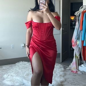 Red satin corset dress with leg slit
